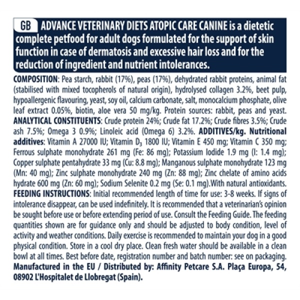 Advance veterinary diet dog atopic no grain / derma