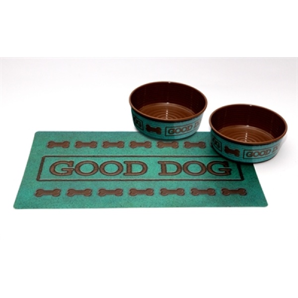 Tarhong good dog set turquoise 2 voerbakken / placemat olive